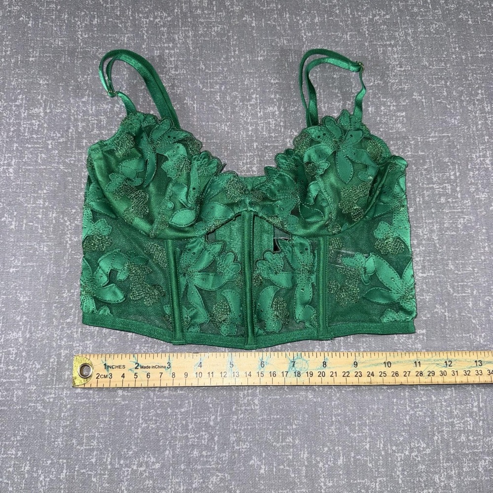 Victorias Secret Very Sexy Bustier Womens 32B XS Green Lace Floral Boned Sheer - Picture 6 of 11
